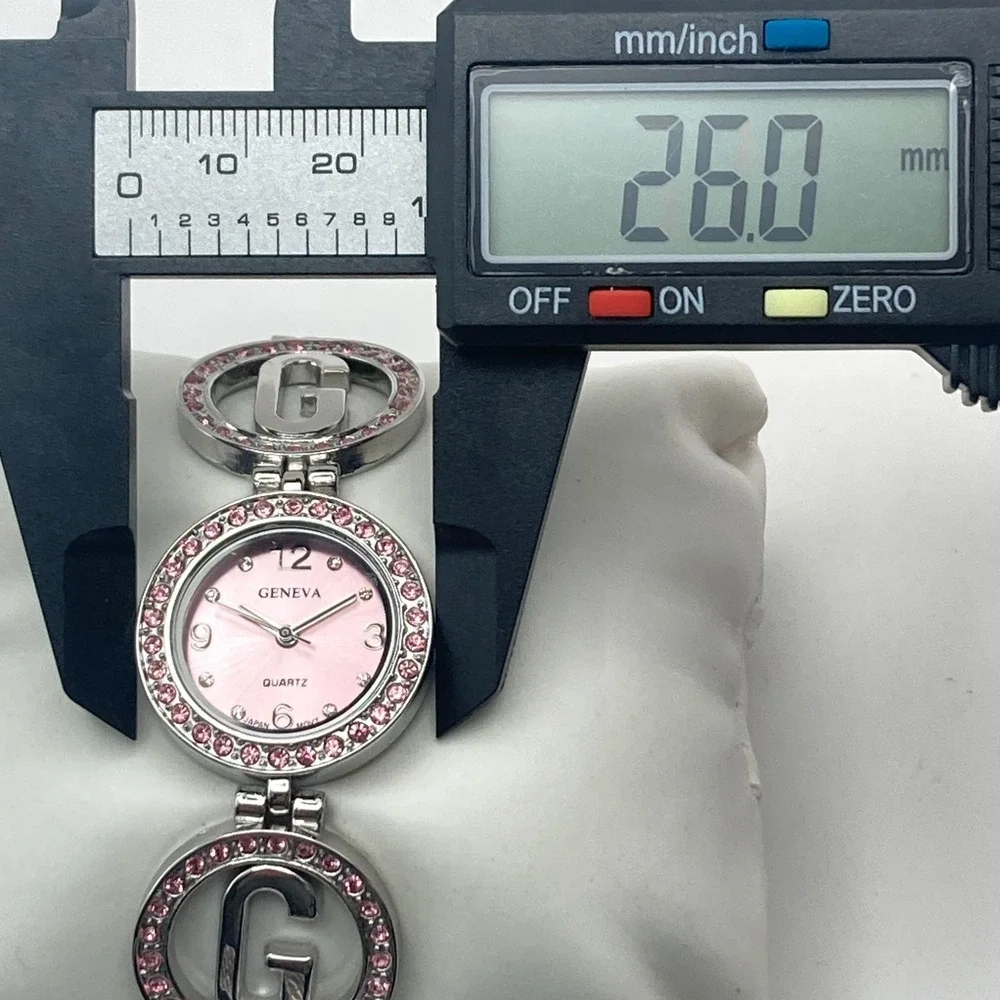 Geneva Women's Watch 26mm Silver Tone Pink Crystals Logo Band G New Battery 7